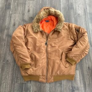 Army Navy Bomber Jacket Mens 2XL Tan Good Faux Fur Hood MA-1 Flight Parka